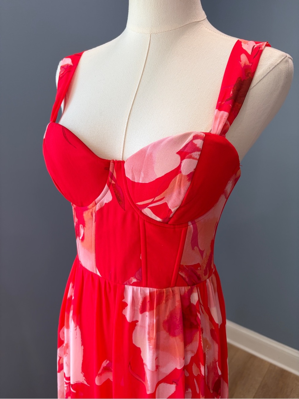 Lulus Red Pink Floral Bustier Tiered Maxi Dress Size Small - Picture 5 of 12
